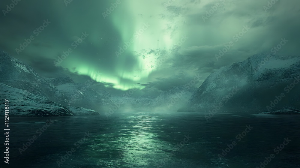 Fototapeta premium Arctic Landscape 3D Render: Aurora Borealis over Frozen Mountains