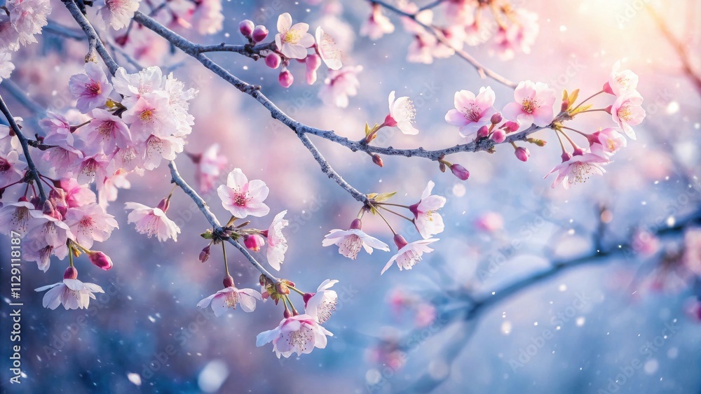 Delicate Pink Cherry Blossoms Swaying in the Breeze, Adorned with a Light Shower of Snow Delicate Pink Cherry Blossoms Swaying in the Breeze, Adorned with a Light Shower of Snow