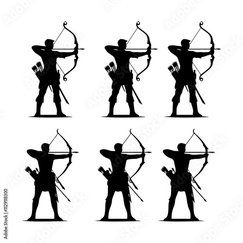Silhouettes of Archers Posing with Bows and Arrows in Profile View