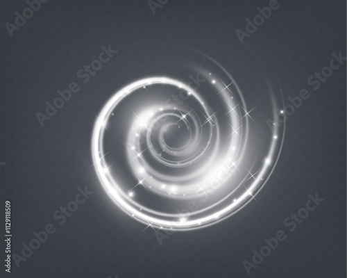 Spiral glow effect on transparent background with smooth white light trails and motion blur.