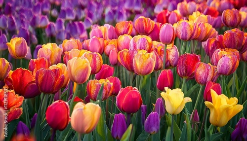 field of bright tulips in pink yellow orange purple and red as a vibrant nature background