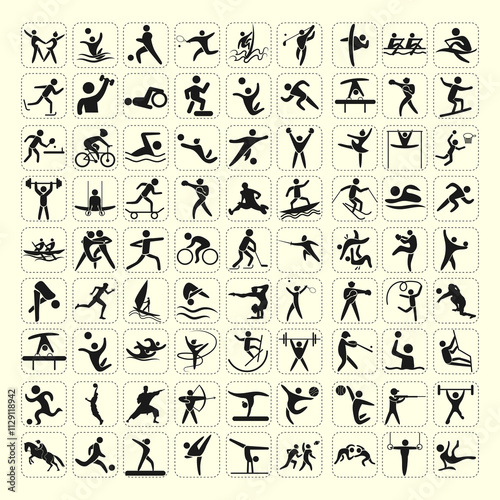 Collection of Sports and Activities Icons in Black and White Style