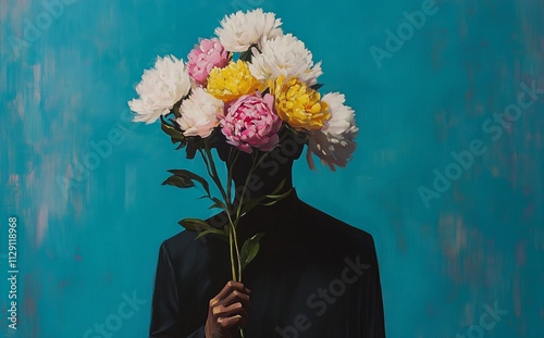 Silhouette of a Person Holding Colorful Peonies Against a Vibrant Blue Background, Artistic Conceptual Portrait
