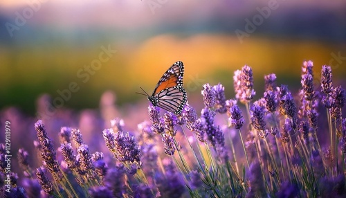 butterfly lavender or lavendula in the field and single shot with purple and green backgrounds