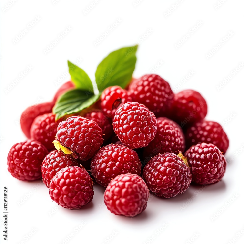 Fresh raspberries with green leaves on white isolate background. Fresh raspberries with green leaves on white isolate background.