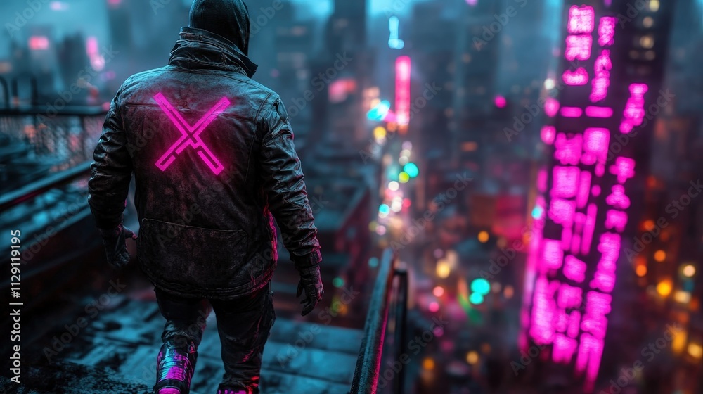 Obraz premium A solitary figure on a rooftop overlooking a vibrant, neon-lit cityscape, capturing the essence of urban life intertwined with futuristic aesthetics and escapism.