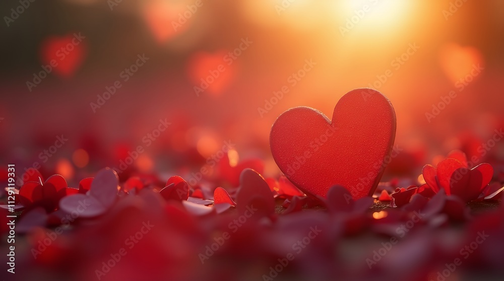 Sunset Romance: A Single Red Heart Amidst a Field of Love at Golden Hour Sunset Romance: A Single Red Heart Amidst a Field of Love at Golden Hour