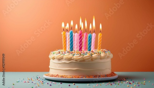 birthday cake with candles on soft orange background with copy space generative ai illustration banner