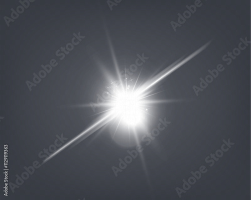 Bright glowing light burst with soft edges and subtle rays on a transparent background, suitable for overlays and design projects.
