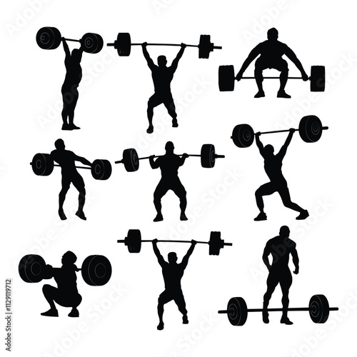 Silhouettes of Weightlifters Performing Various Olympic Weightlifting Exercises