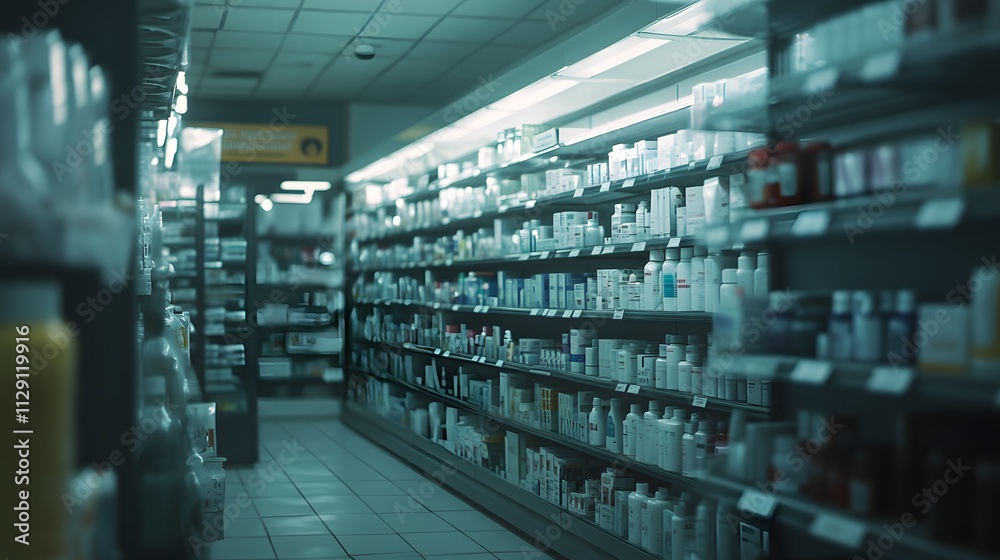 Cinematic, high-angle shot of shelves filled with various medical supplies in the pharmacy Cinematic, high-angle shot of shelves filled with various medical supplies in the pharmacy