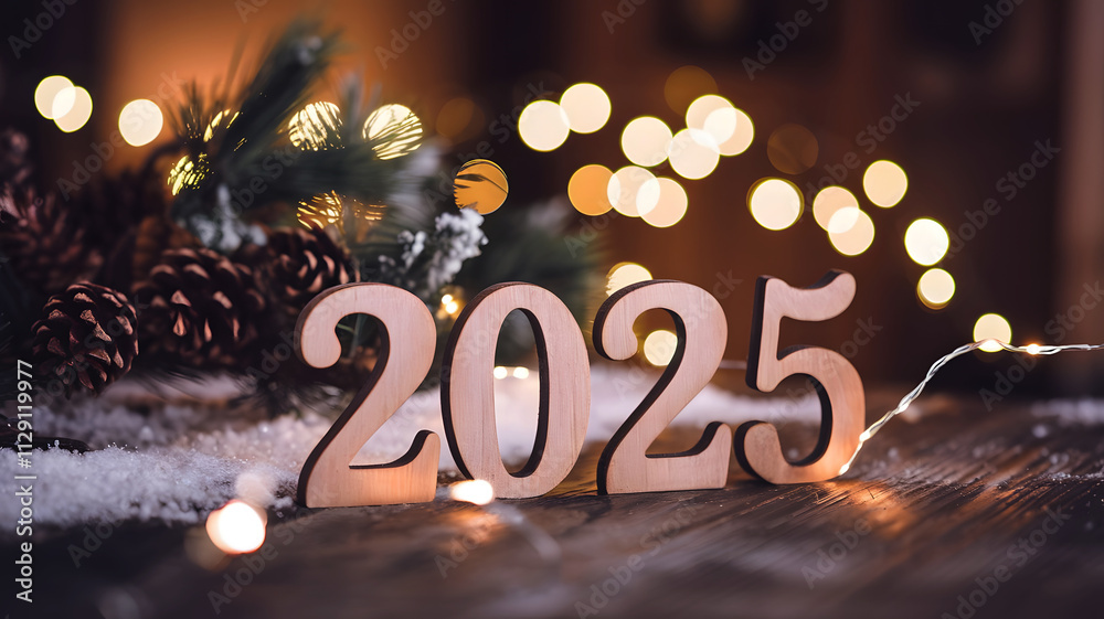 2025 New Year's Eve celebration, wooden numbers against bokeh lights. 2025 New Year's Eve celebration, wooden numbers against bokeh lights.
