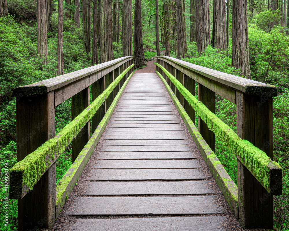 Fototapeta premium A bridge over a forest with green moss growing on it