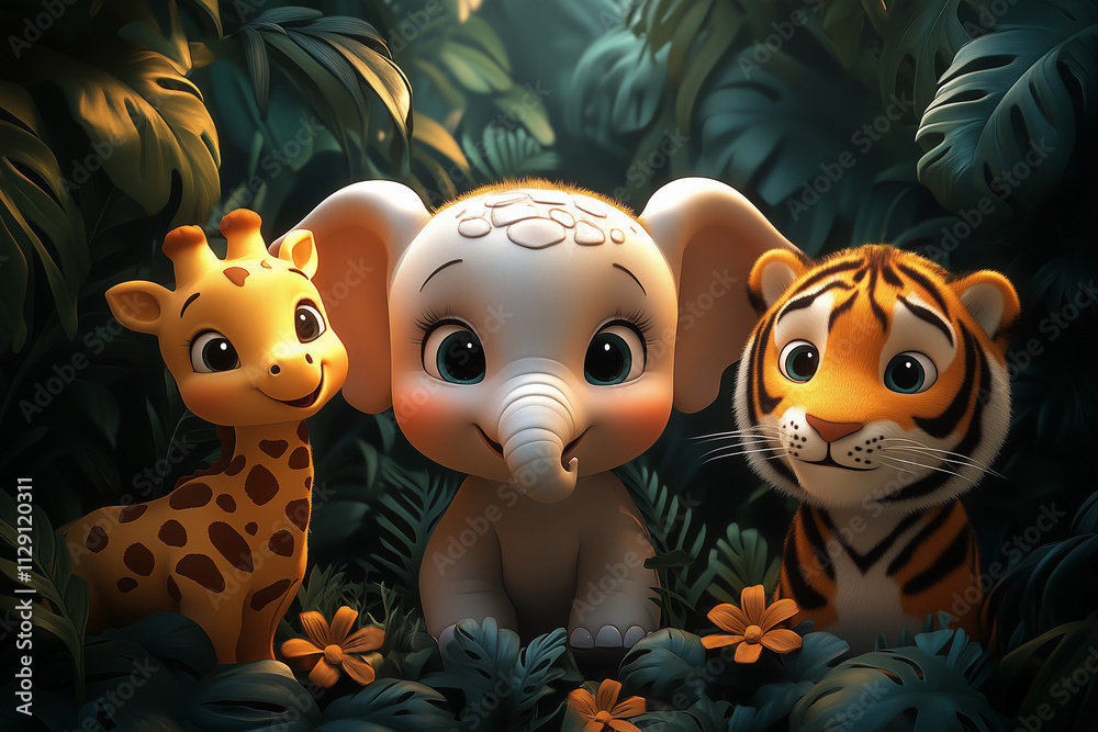 Fototapeta premium delightful illustration features a baby elephant, giraffe, and tiger surrounded by lush jungle foliage and flowers, radiating warmth and charm in a vibrant tropical scene