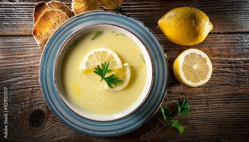 traditional greek lemon soup avgolemono on rustic background photo