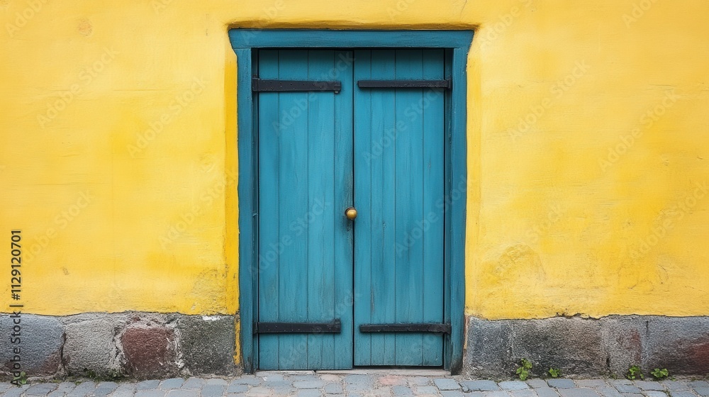Vibrant Turquoise Door Against a Sunny Yellow Wall Vibrant Turquoise Door Against a Sunny Yellow Wall