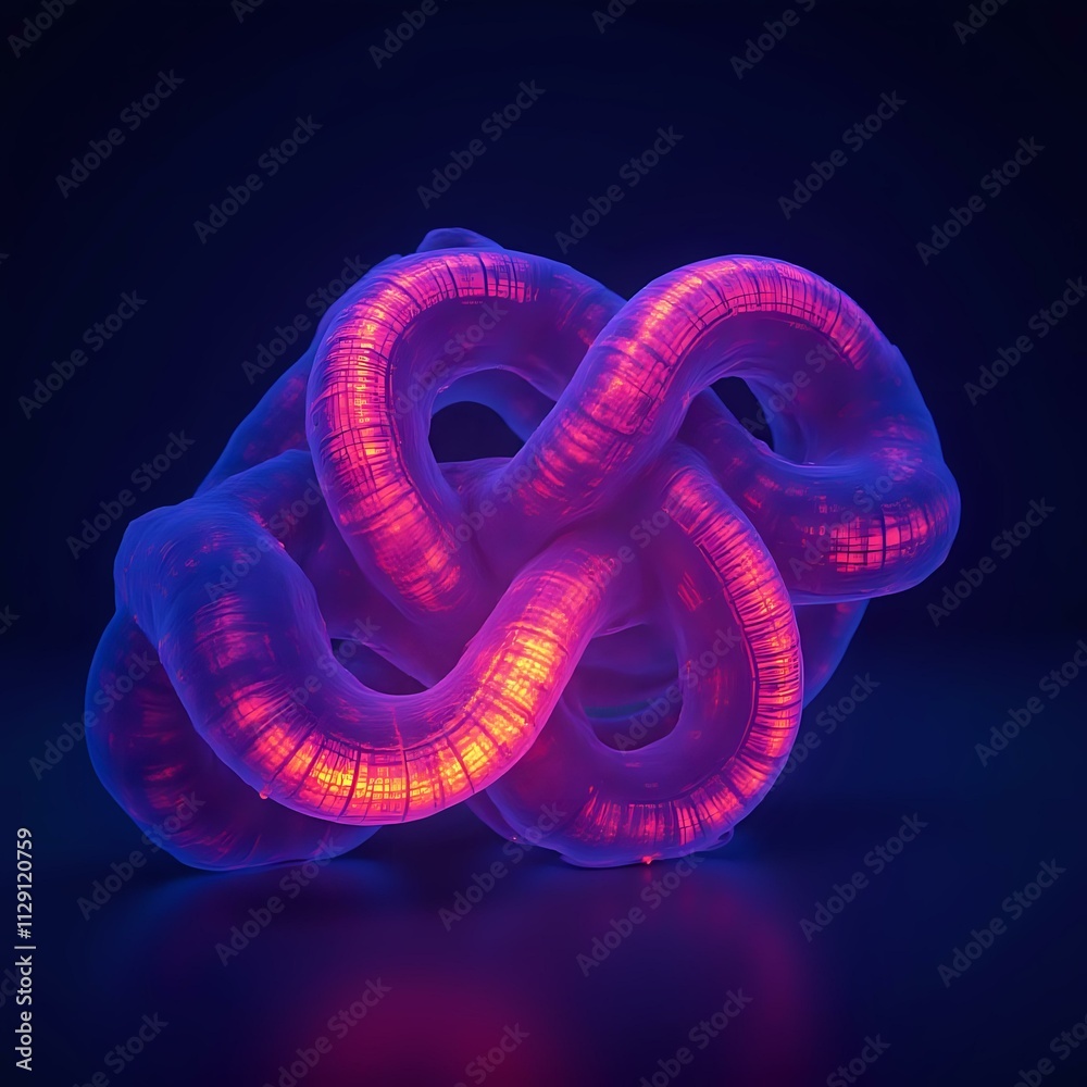 Obraz premium The image shows an abstract, glowing, translucent, and organic-looking structure with curved lines and a purple hue, illuminated by a dark background.