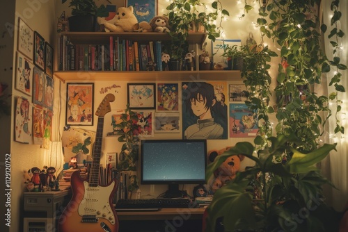 Cozy anime-inspired workspace with guitar, books, and indoor plants
