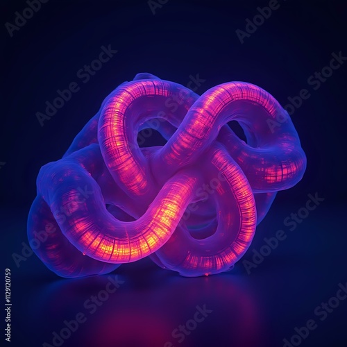 The image shows an abstract, glowing, translucent, and organic-looking structure with curved lines and a purple hue, illuminated by a dark background.