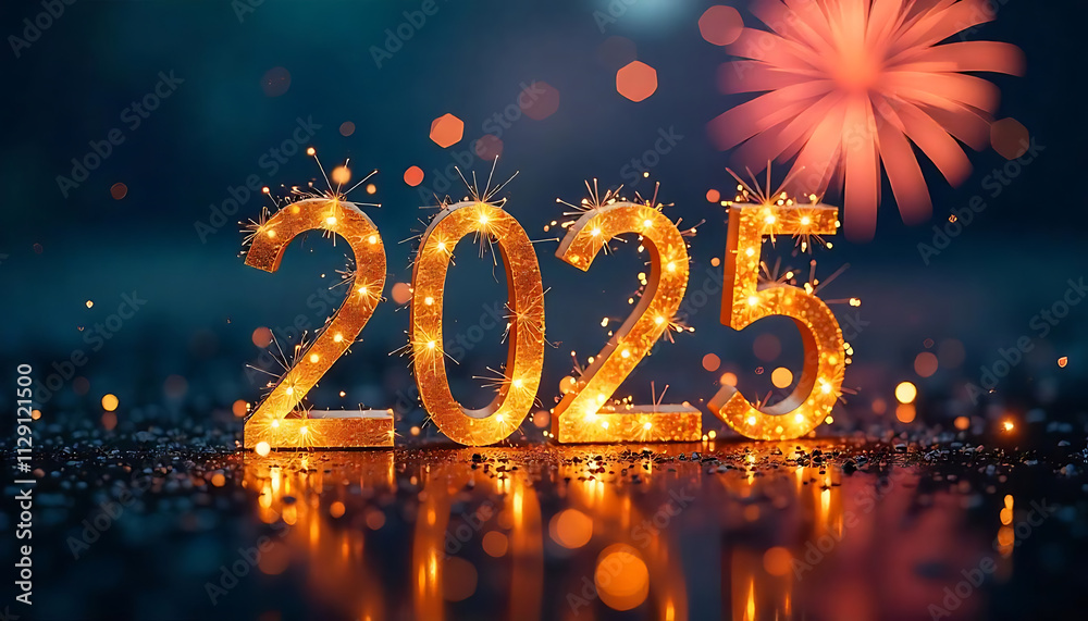2025 New Year Celebration: Golden Numbers and Fireworks in Blue Night Lights 2025 New Year Celebration: Golden Numbers and Fireworks in Blue Night Lights