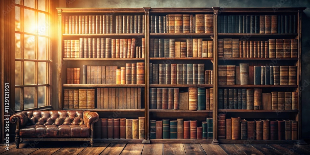 A wooden bookshelf filled with leather-bound books in a warm room with a leather armchair and a window with sunlight streaming in A wooden bookshelf filled with leather-bound books in a warm room with a leather armchair and a window with sunlight streaming in