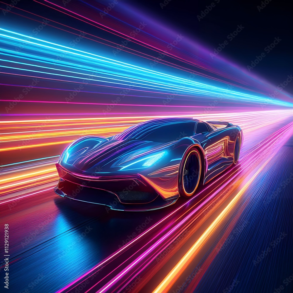 A futuristic sports car races through a tunnel of vibrant neon lights. The scene is dynamic and full of energy. A futuristic sports car races through a tunnel of vibrant neon lights. The scene is dynamic and full of energy.