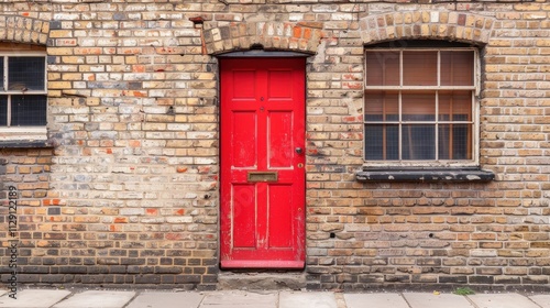 Vibrant Red Door Amidst Rustic Brick Building Facade