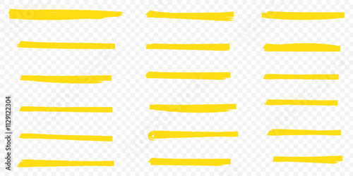 Yellow highlighter lines set isolated on transparent background. Marker pen highlight underline strokes. Vector hand drawn graphic stylish element. eps 10.