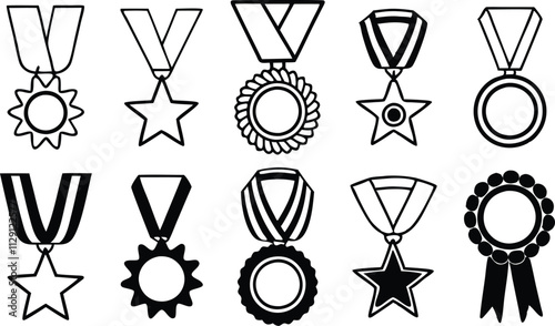 Award medal icon set. Symbol collection of approved, certified, qualified, the best, check mark and number one.