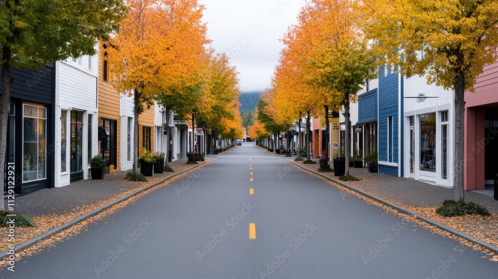 Yellow autumn leaves covering road the street of a residential area with white colonial style houses and fall foliage Yellow autumn leaves covering road the street of a residential area with white colonial style houses and fall foliage