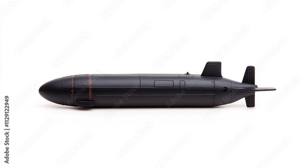 Side View of Toy Submarine Model with Visible Propellers on White Background Side View of Toy Submarine Model with Visible Propellers on White Background
