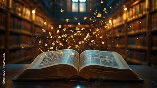 An open book with letters flying hologram icons photo