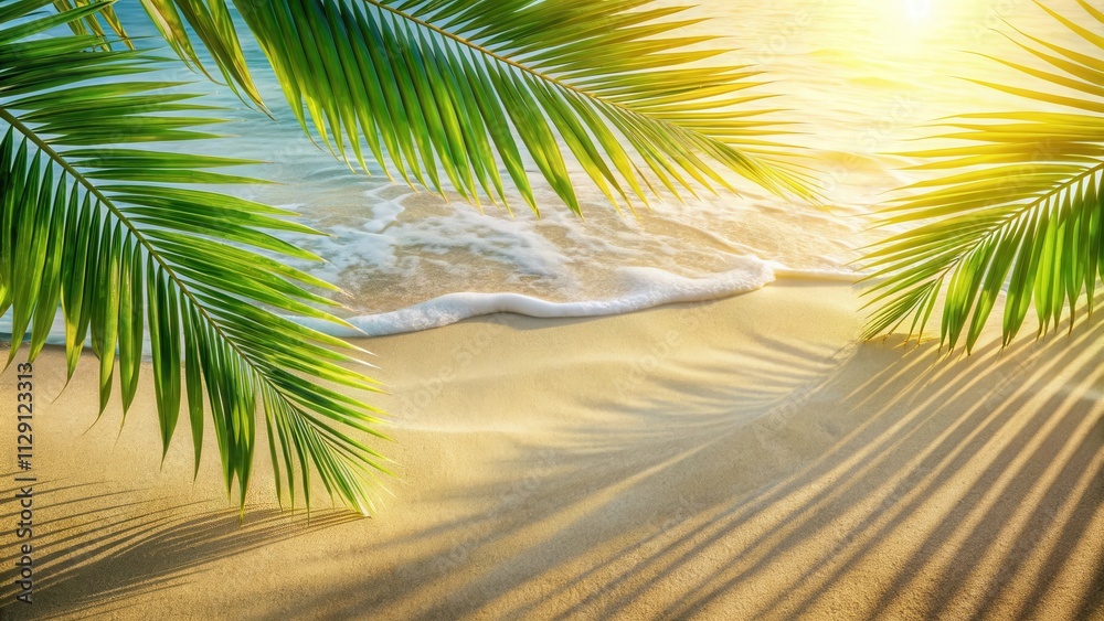 Fototapeta premium Palm Fronds Cast Long Shadows on a Sandy Beach, With Gentle Waves Lapping at the Shore