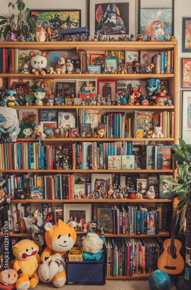Naklejka premium Cozy bookshelf with colorful toys and art prints in a homely living room