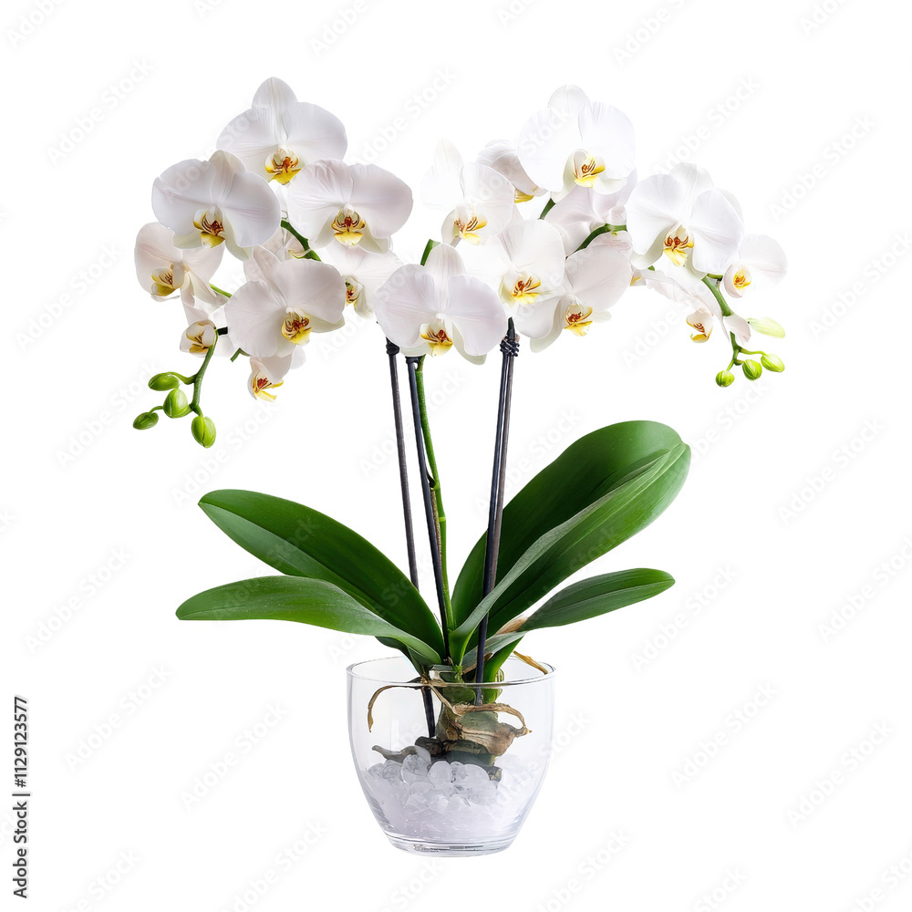 Obraz premium Beautiful white orchids in clear vase with green leaves, showcasing elegance and tranquility. Perfect for home decor or as gift