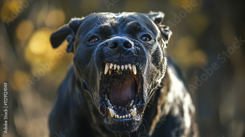 Closeup photography of a dangerous cane corso dog breed barking, looking at the camera. angry and aggressive guard pet outdoors, protection and security, open mouth, big jaw teeth.