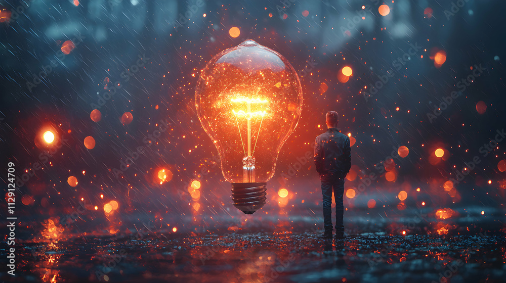 Man Gazing at a Giant Illuminated Lightbulb in the Rain Man Gazing at a Giant Illuminated Lightbulb in the Rain