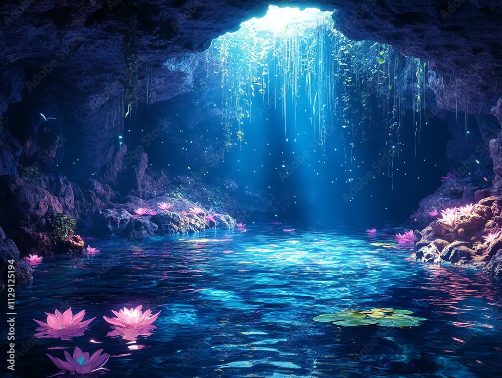 A serene cave with glowing water, illuminated by light, featuring floating lotus flowers.