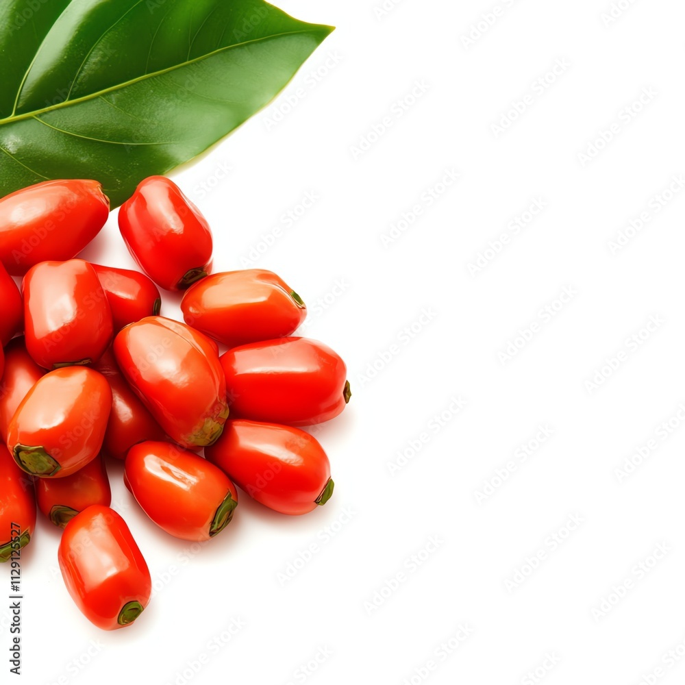 Fresh, vibrant red fruits with green leaves on white isolate background.