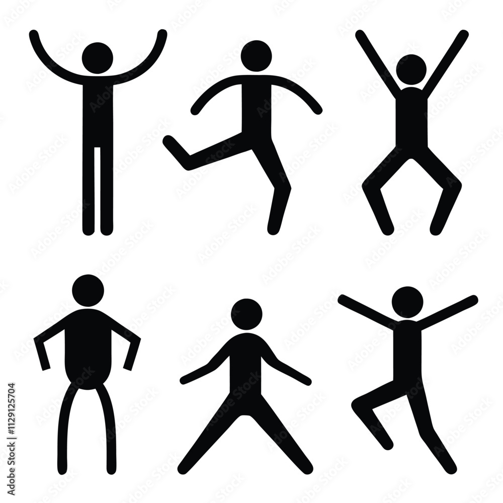 A collection of simplified black stick figure icons representing various dynamic poses and gestures, each illustrating human A collection of simplified black stick figure icons representing various dynamic poses and gestures, each illustrating human