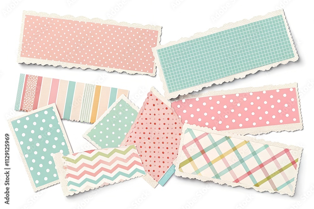 A creative collection of torn paper pieces featuring pastel polka dots, stripes, and grid patterns, ideal for scrapbooking, crafting, or digital design projects. A creative collection of torn paper pieces featuring pastel polka dots, stripes, and grid patterns, ideal for scrapbooking, crafting, or digital design projects.