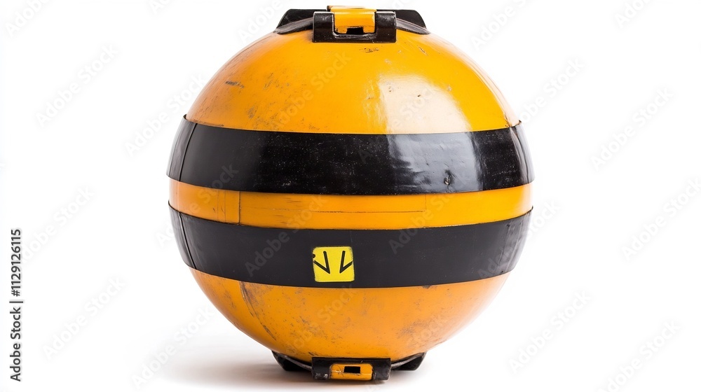 Detailed Landmine Training Model with Warning Labels on White Background Detailed Landmine Training Model with Warning Labels on White Background