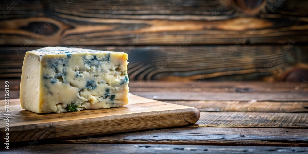 A wedge of blue cheese rests on a wooden cutting board, set against a rustic backdrop of weathered planks. A wedge of blue cheese rests on a wooden cutting board, set against a rustic backdrop of weathered planks.
