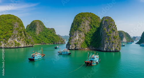 Boats in scenic landscape surrounded by lush greenery and calm water