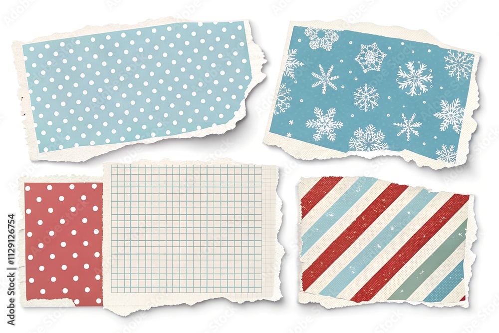 A festive collection of torn paper designs featuring polka dots, snowflakes, and stripes in red, white, and blue tones, perfect for winter-themed crafts and holiday projects. A festive collection of torn paper designs featuring polka dots, snowflakes, and stripes in red, white, and blue tones, perfect for winter-themed crafts and holiday projects.