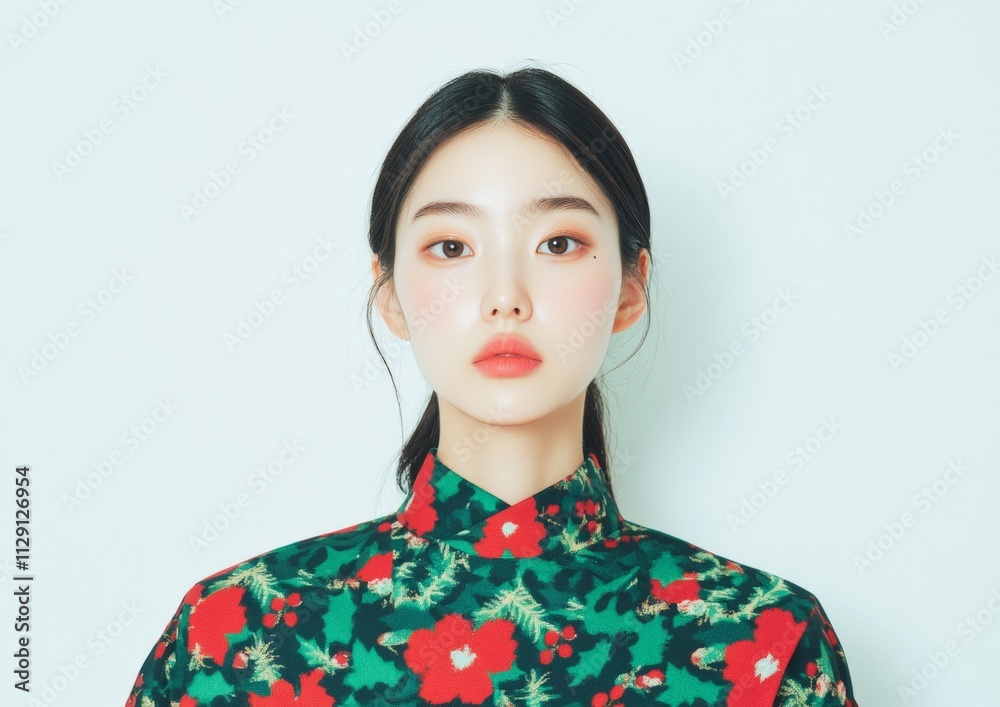 Modern Hanbok Elegance in Festive Portrait with Holiday Pattern Modern Hanbok Elegance in Festive Portrait with Holiday Pattern