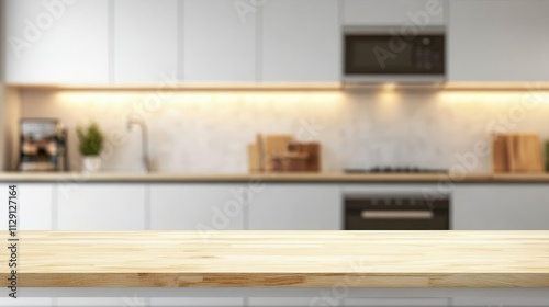 Wooden light empty table top in modern white kitchen, kitchen panel in interior