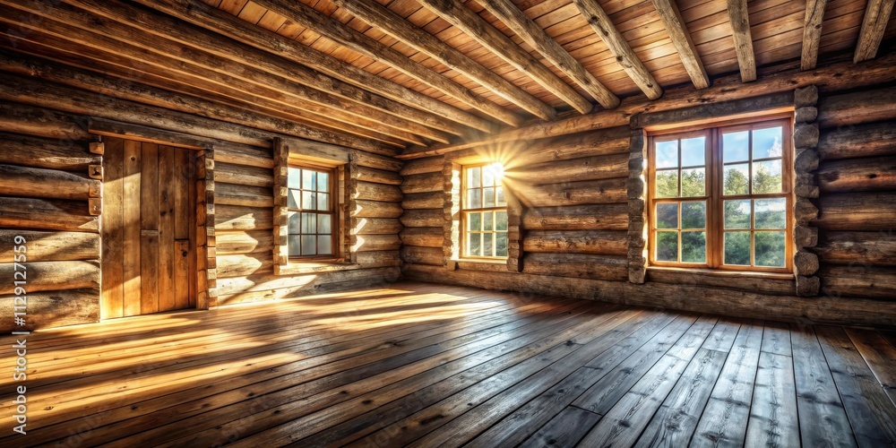Sunlight streams through windows in a rustic cabin, illuminating the warm wood floors and creating a sense of tranquility Sunlight streams through windows in a rustic cabin, illuminating the warm wood floors and creating a sense of tranquility