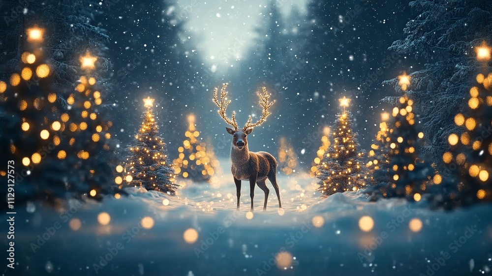 This enchanting Christmas banner showcases a majestic reindeer in a snowy landscape, surrounded by illuminated trees and twinkling stars, with space for text.
This enchanting Christmas banner showcases a majestic reindeer in a snowy landscape, surrounded by illuminated trees and twinkling stars, with space for text.