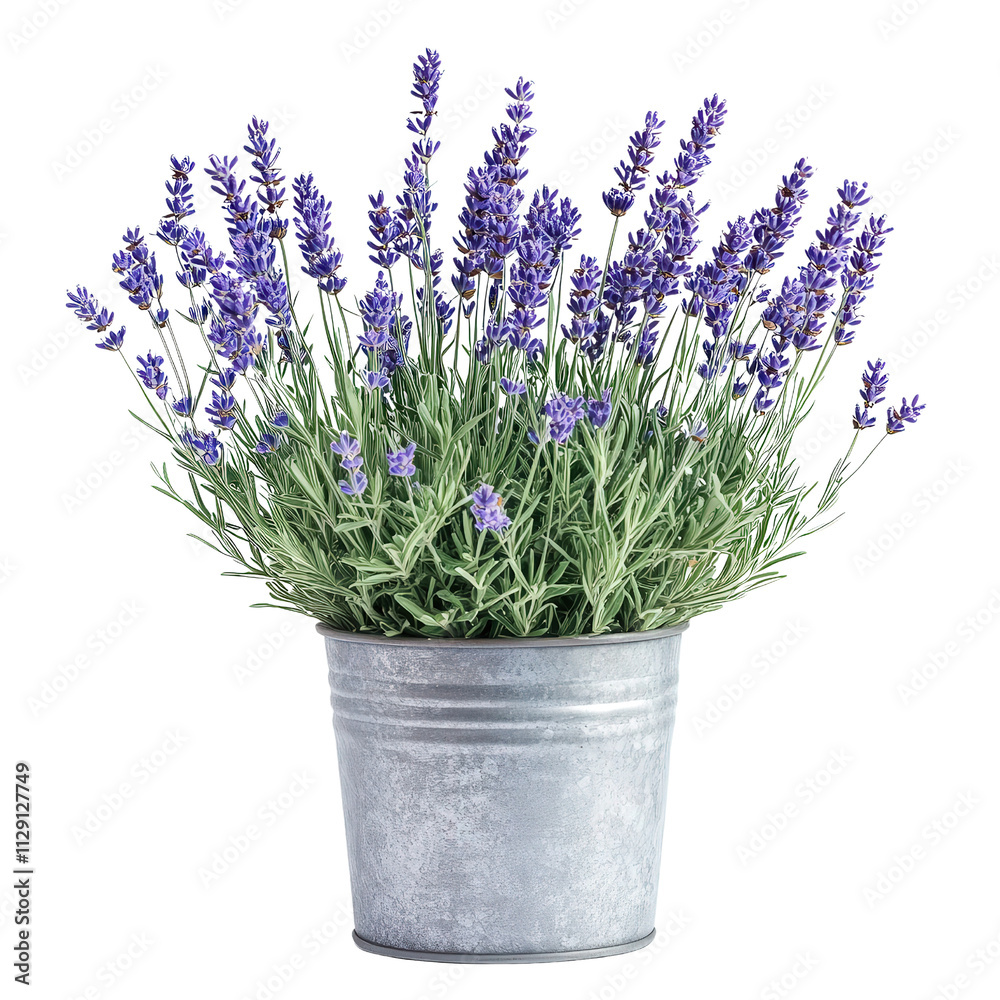 Fototapeta premium Lavender plant in metal pot, showcasing vibrant purple flowers and lush green foliage, perfect for home decor or gardening enthusiasts